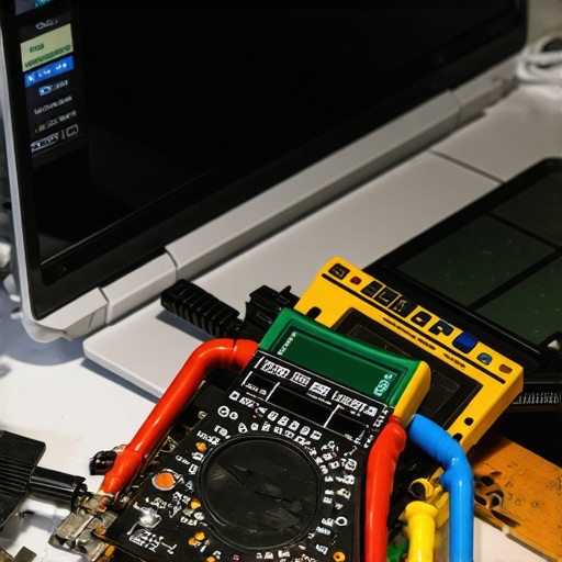 Technician using a digital multimeter to diagnose a laptop screen power issue.