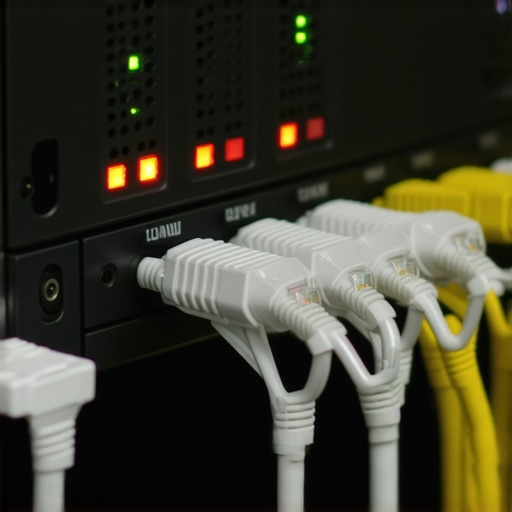 A managed network switch showing active and inactive ports in a business server room.