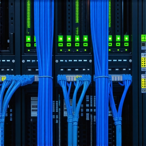 A rack-mounted server system with organized networking cables.