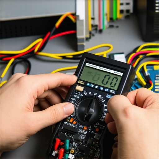Technician testing a PC power supply with a multimeter to check voltage rails.