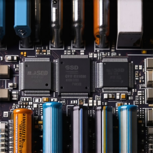 A close-up view of the internal hardware components of an SSD including power loss protection capacitors.
