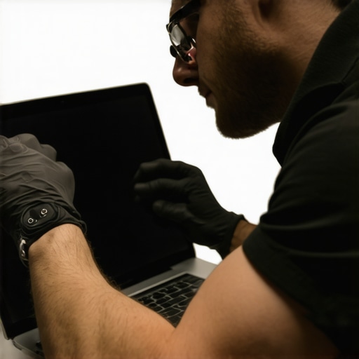 Technician cleaning a laptop screen to prevent ghosting and damage.