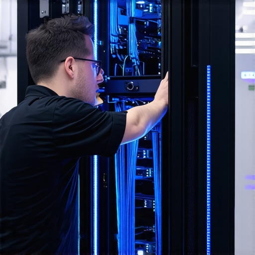 Professional Server Colocation Installation IT professional mounting a server into a secure data center rack.