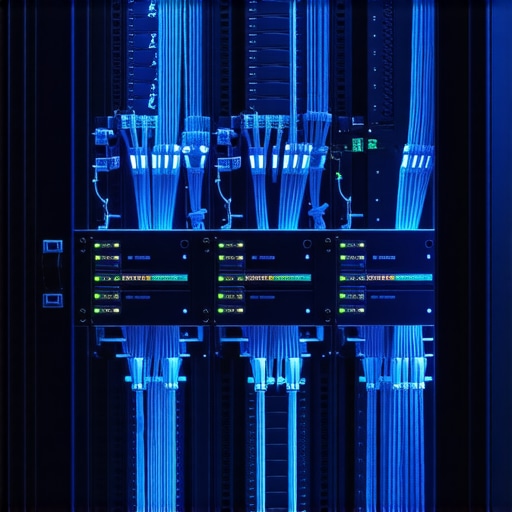 A secure business server rack with blue lights and organized cabling representing data safety.