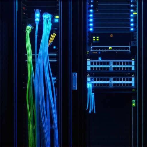 Organized server cables and blue LED lights in a data center.