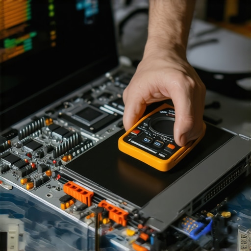 Technician performing hardware diagnostics on a laptop motherboard with professional tools.