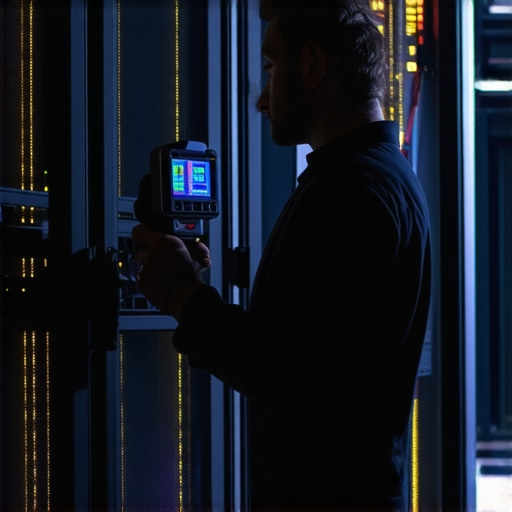 IT expert using thermal imaging to detect hardware failure in a server room