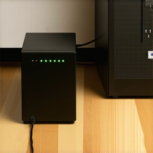 A high-quality UPS battery backup unit connected to a workstation for power protection.