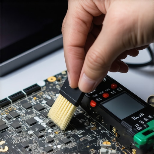 Technician using a USB power meter and cleaning tools on a laptop motherboard