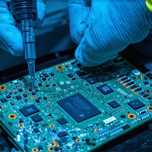 Technician using ultrasonic cleaner on a water-damaged laptop motherboard for data recovery.
