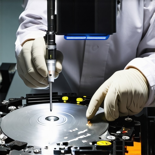 Professional cleanroom data recovery inspection A close-up of a data recovery specialist working on a physically damaged hard drive.