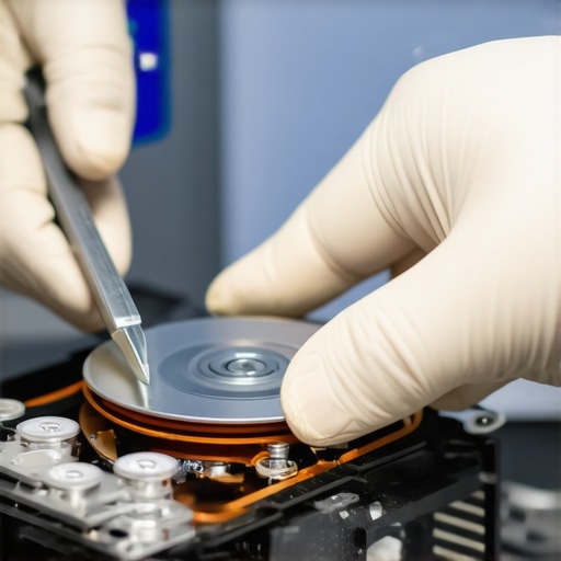 Close-up of a hard drive being repaired by a technician in a clean room to prevent data loss.