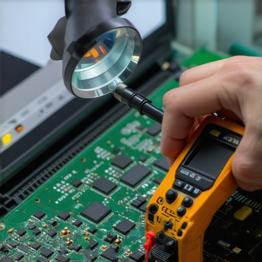 Technician inspecting a laptop motherboard with a multimeter and magnifying glass