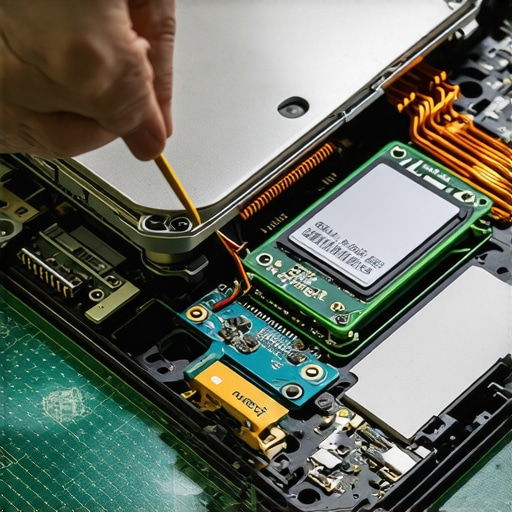Professional laptop hardware diagnosis and repair Close-up of internal laptop components including copper heat pipes and an SSD during a repair process.