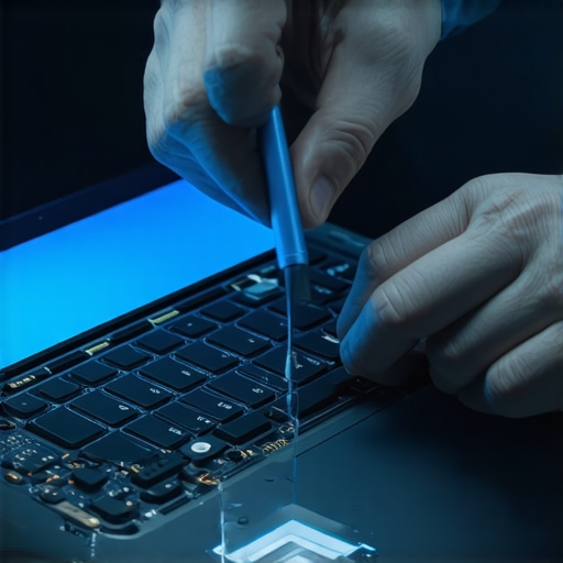 Technician carefully repairing a laptop screen connector with specialized tools