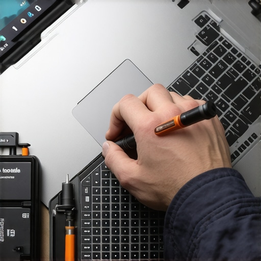 A technician performing proactive maintenance on a laptop with a toolkit and diagnostic software.