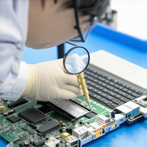 Technician checking a laptop for hardware versus software configuration issues.