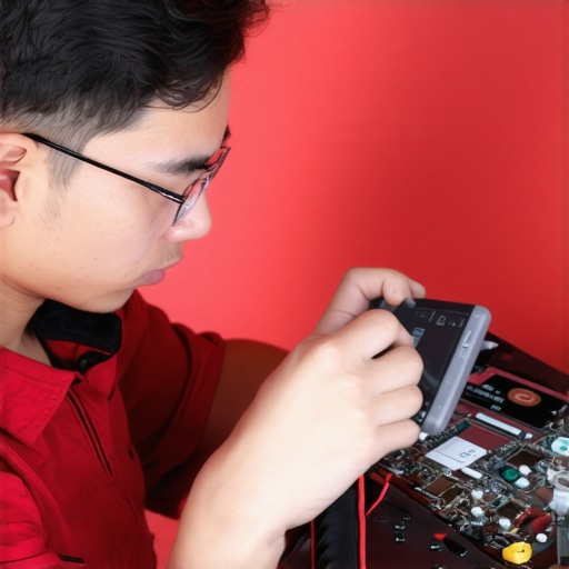 A technician testing a laptop motherboard for electrical shorts caused by a damaged screen.