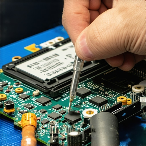Technician using precision tools to maintain a laptop display ribbon cable.