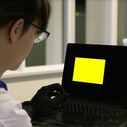 Technician calibrating a laptop screen to fix a yellow hue