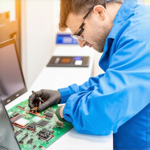Technician testing a laptop motherboard with a multimeter