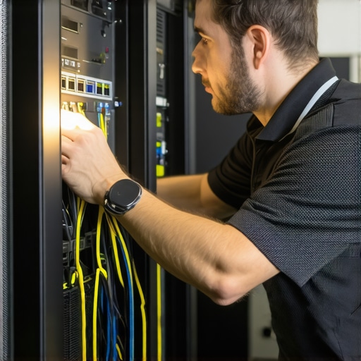 IT technician performing a physical security audit on office hardware