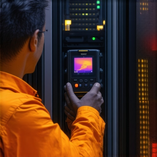 Professional thermal inspection of server hardware IT specialist using a thermal camera to detect hotspots in a server rack.