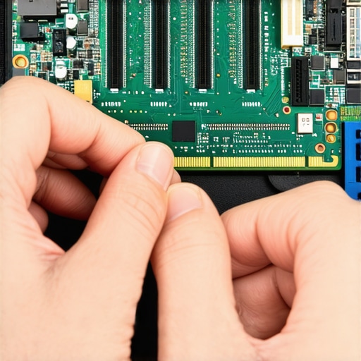 Technician installing RAM at a 45-degree angle into a laptop motherboard