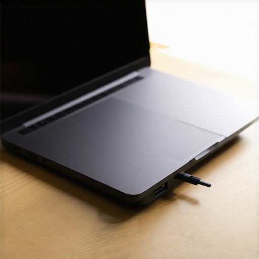 A laptop power brick positioned on a wooden desk to prevent overheating during heavy use.