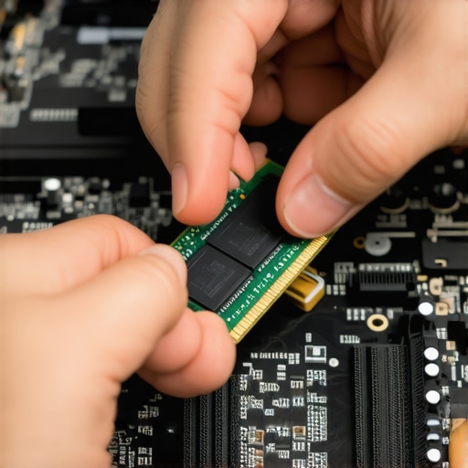 A technician installing a RAM stick into a computer motherboard.