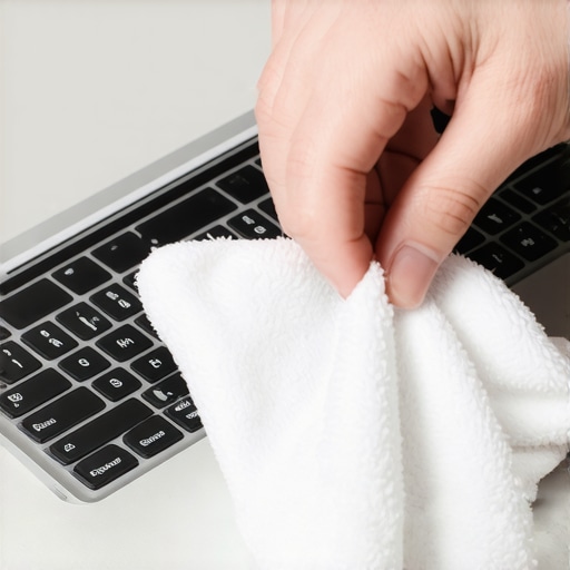 A person placing a protective microfiber sheet over a laptop keyboard to prevent screen marks.