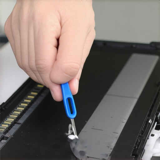 Technician using a plastic pry tool to open a laptop screen bezel to fix the display ribbon cable