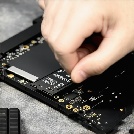 Removing a laptop SSD for data recovery A person carefully removing a storage drive from a laptop after liquid damage.