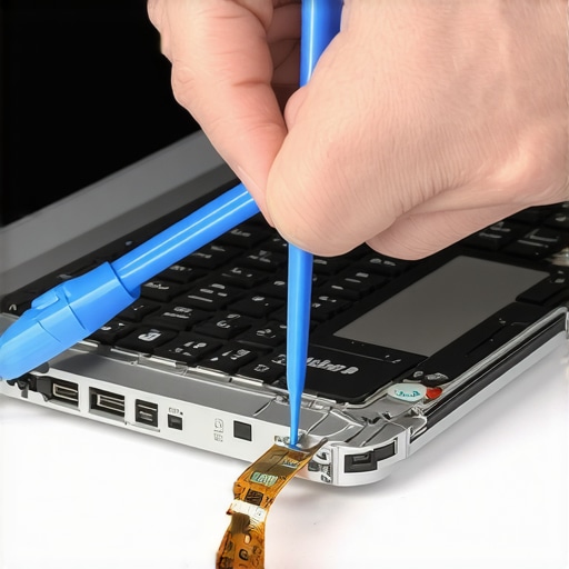 Technician using a pry tool to remove a laptop bezel to access the video cable.