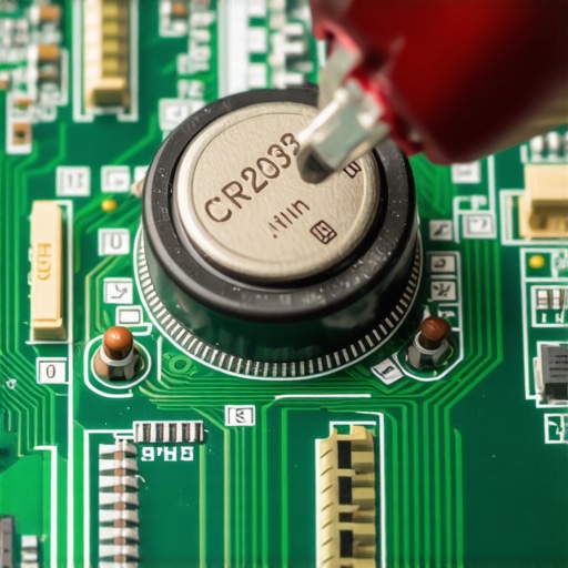 Close-up of a silver CR2032 CMOS battery in its socket