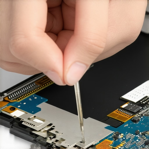 Close-up of a technician reseating an eDP ribbon cable on a laptop display panel.