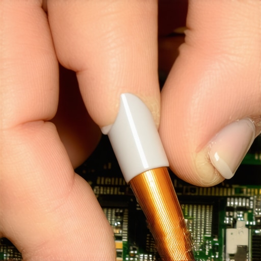 Technician's hands reseating a gold-plated video cable on a laptop motherboard to fix screen lines.