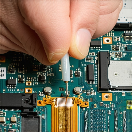 A technician fixing a laptop screen by adjusting the internal video ribbon cable connector.