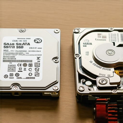 Comparison between a fast SSD and an old mechanical hard drive on a repair desk.