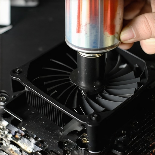 Safe cleaning of a laptop cooling fan Close-up shot of a technician cleaning a laptop fan using compressed air and a static-safe tool.