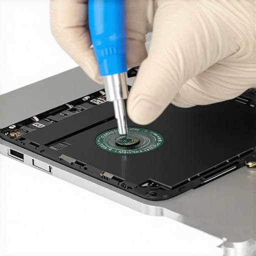 Technician using plastic tools and solvent to remove a glued-in laptop battery