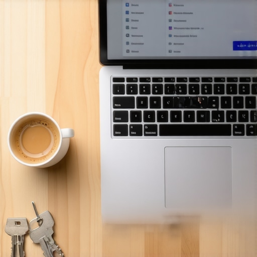 Secure Business Domain Management Setup A workplace setting showing a laptop with domain management software alongside physical keys to symbolize delegating technical control.