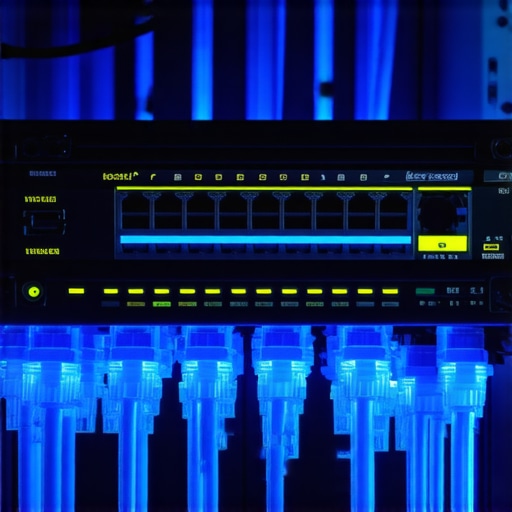 High-end server rack with blue cables for guest network isolation.