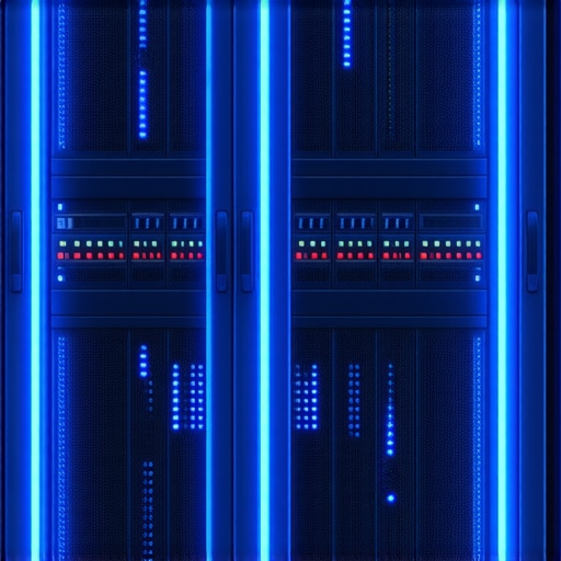 A high-tech server rack with blue status lights representing managed IT security and network monitoring.