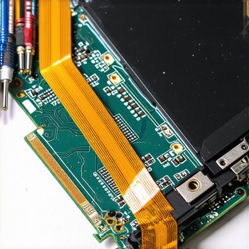 A technician secures an LCD ribbon cable inside a laptop hinge with high-temperature polyimide tape.