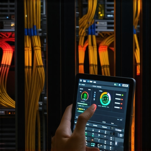 Modern server room monitoring with a technician using a digital tablet.