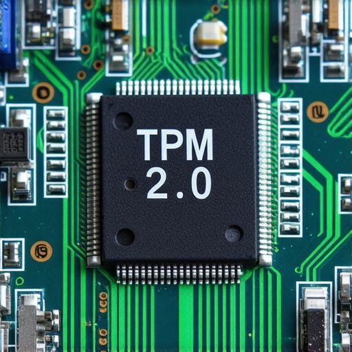 Close-up view of a Trusted Platform Module chip on a computer motherboard showing hardware-level encryption hardware.
