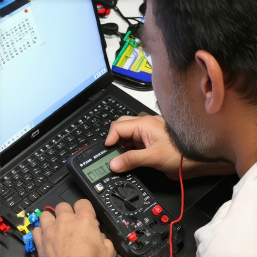 Technician testing laptop hardware to diagnose red screen tint issues