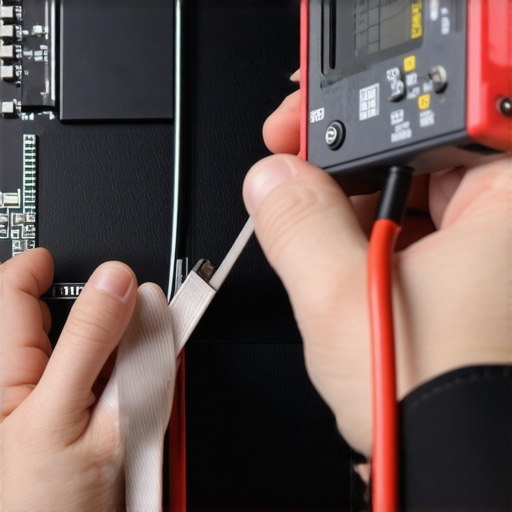 Professional technician using a multimeter to diagnose laptop screen power issues.