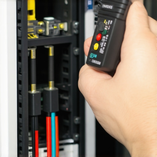 A professional technician using a Fluke multimeter to check the voltage stability of a server PSU.